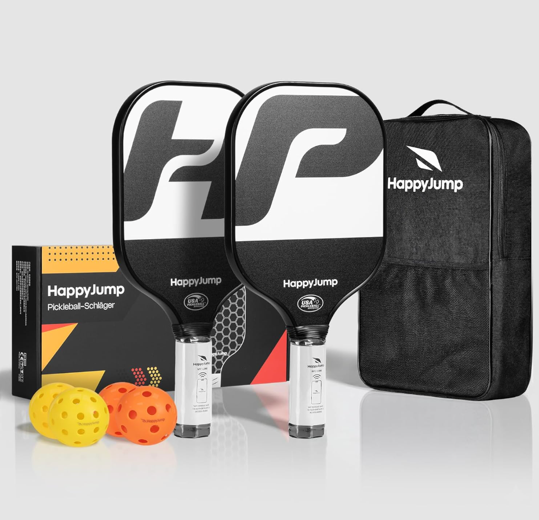 Happy Jump Pickleball Paddle Set with 4 Balls & Carry Bag – USAPA Approved, Fiberglass Face, 2 Pack