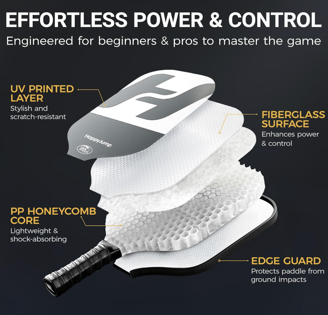 Happy Jump Pickleball Paddle Set with 4 Balls & Carry Bag – USAPA Approved, Fiberglass Face, 2 Pack