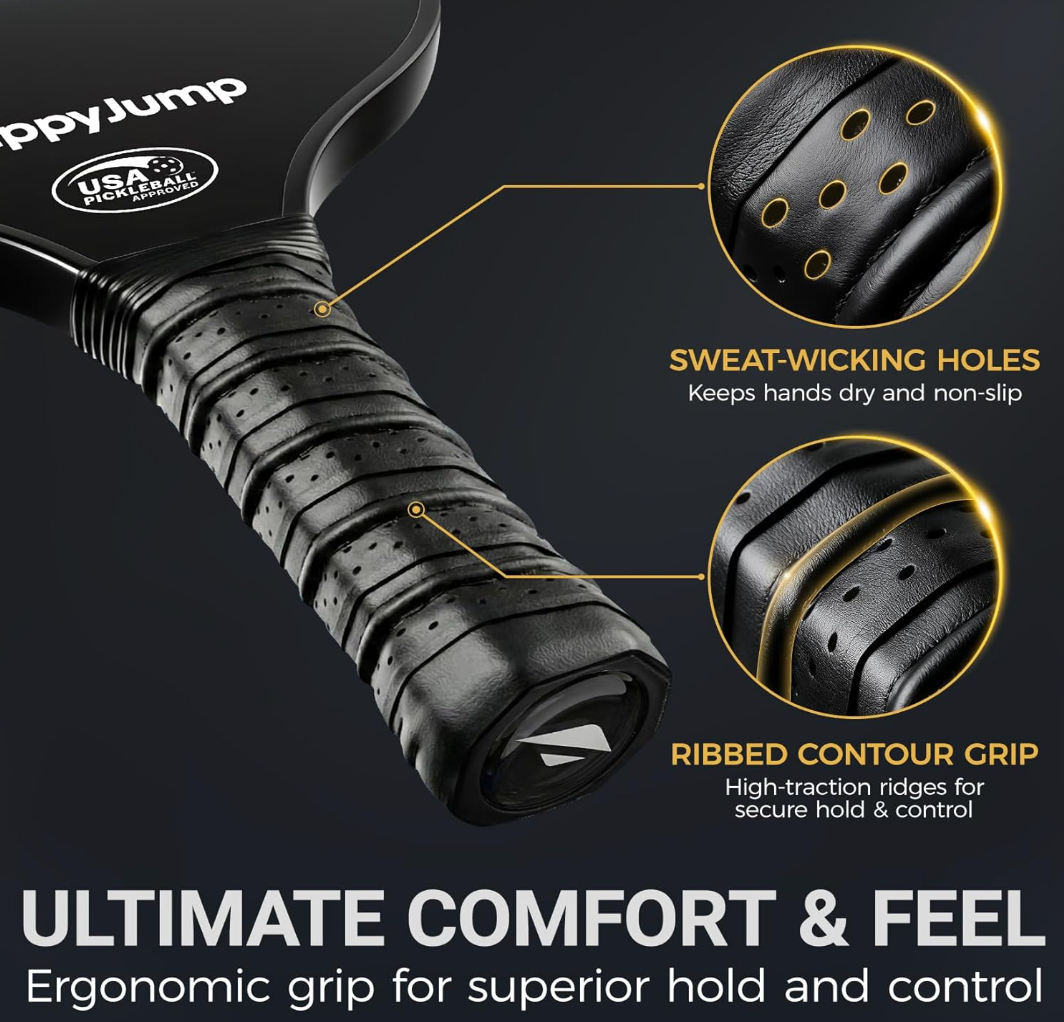 Happy Jump Pickleball Paddle Set with 4 Balls & Carry Bag – USAPA Approved, Fiberglass Face, 2 Pack