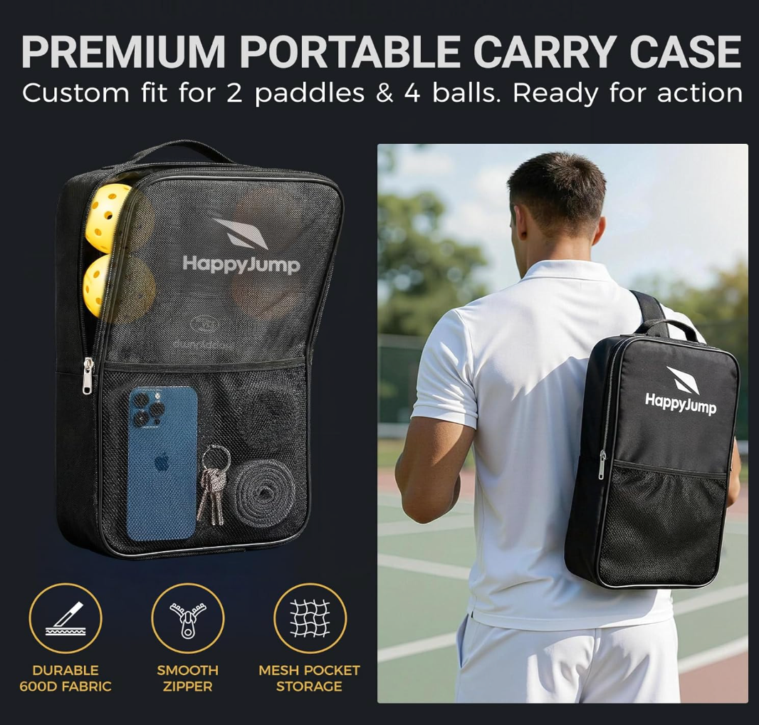 Happy Jump Pickleball Paddle Set with 4 Balls & Carry Bag – USAPA Approved, Fiberglass Face, 2 Pack