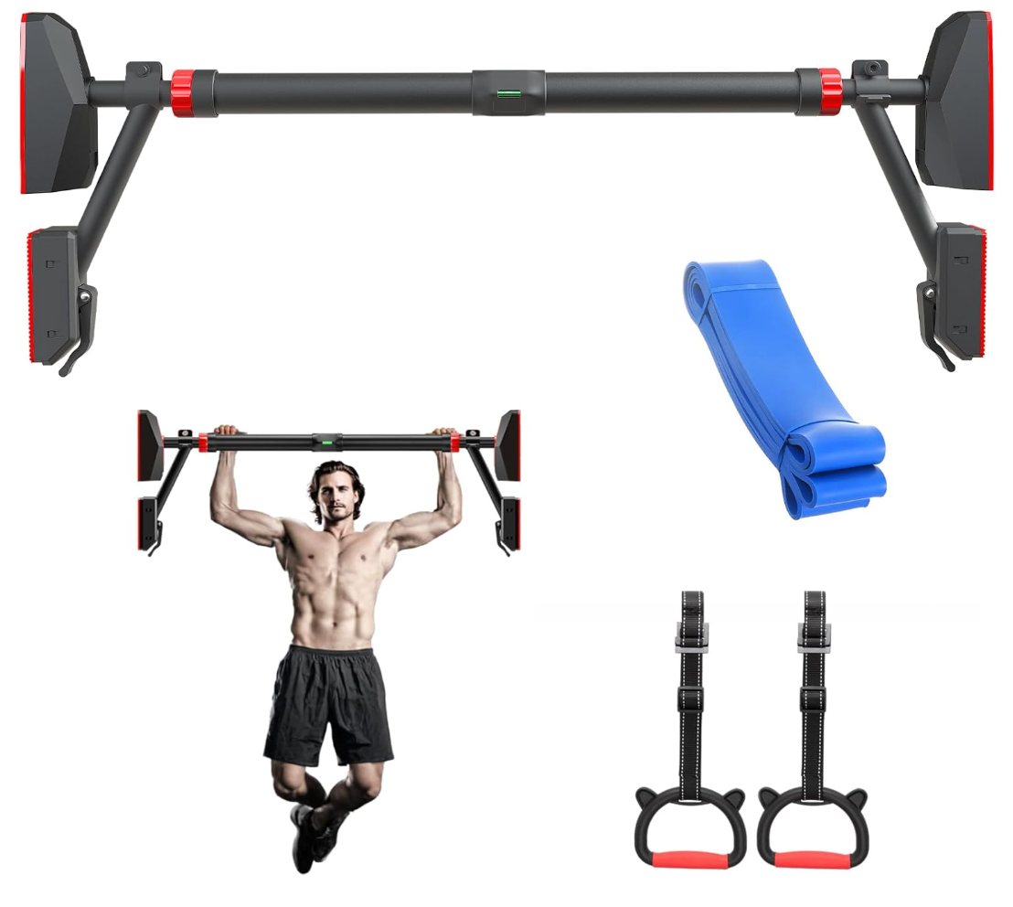 Happy Jump Pull Up Bar for Doorway – 400kg Capacity, Adjustable 78–98cm, with Gymnastic Rings & Resistance Band