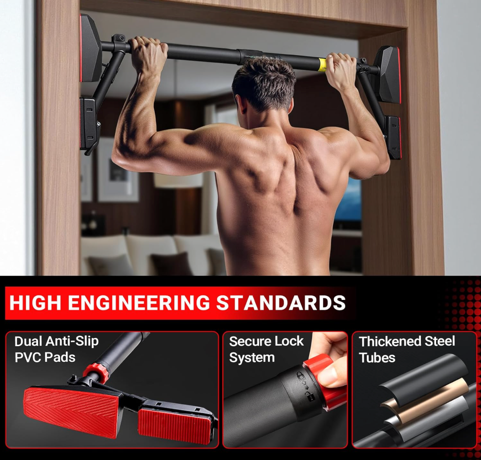 Happy Jump Pull Up Bar for Doorway – 400kg Capacity, Adjustable 78–98cm, with Gymnastic Rings & Resistance Band