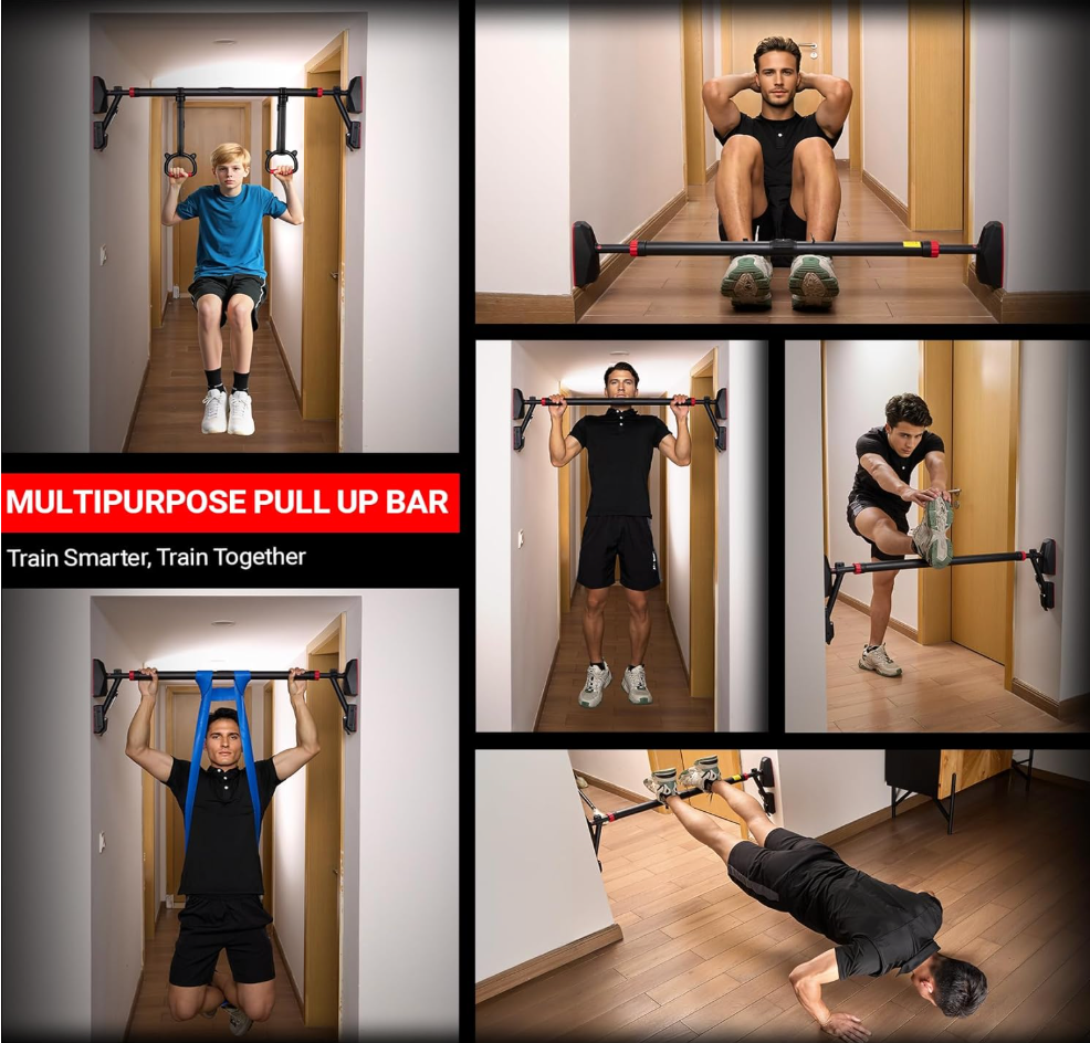 Happy Jump Pull Up Bar for Doorway – 400kg Capacity, Adjustable 78–98cm, with Gymnastic Rings & Resistance Band