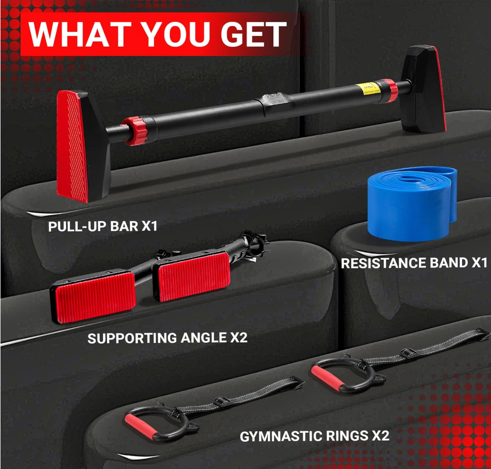 Happy Jump Pull Up Bar for Doorway – 400kg Capacity, Adjustable 78–98cm, with Gymnastic Rings & Resistance Band